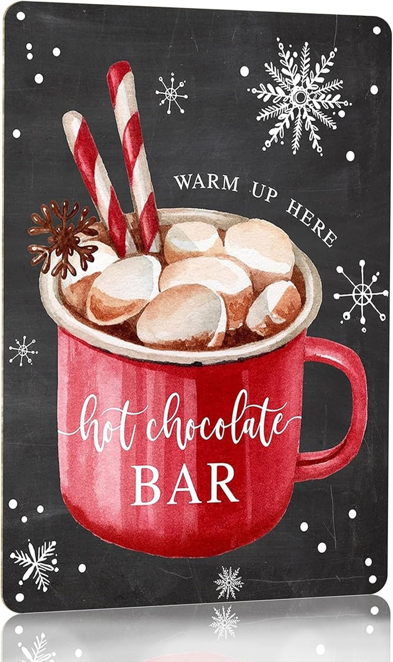 Joyline Vintage Christmas Decor Gifts Rustic Hot Chocolate Bar Warm Up Here Tin Sign for Home Farmhouse Kicthen Cafe Bar Wall Decor 8 x 12 inches (3235) - Image 1